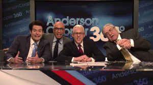 Bill Hader as Anthony Scaramucci, Fred Armisen as Michael Wolff, Alex Moffat as Anderson Cooper and John Goodman as Rex Tillerson on Saturday Night Live