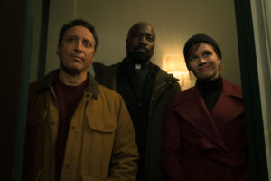 Aasif Mandvi, Mike Colter, and Katja Herbers in Evil